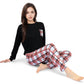 Plaid Pajama Set with Long Sleeve Pocket Top and Relaxed Fit Elastic Waist Pants- Black,Small