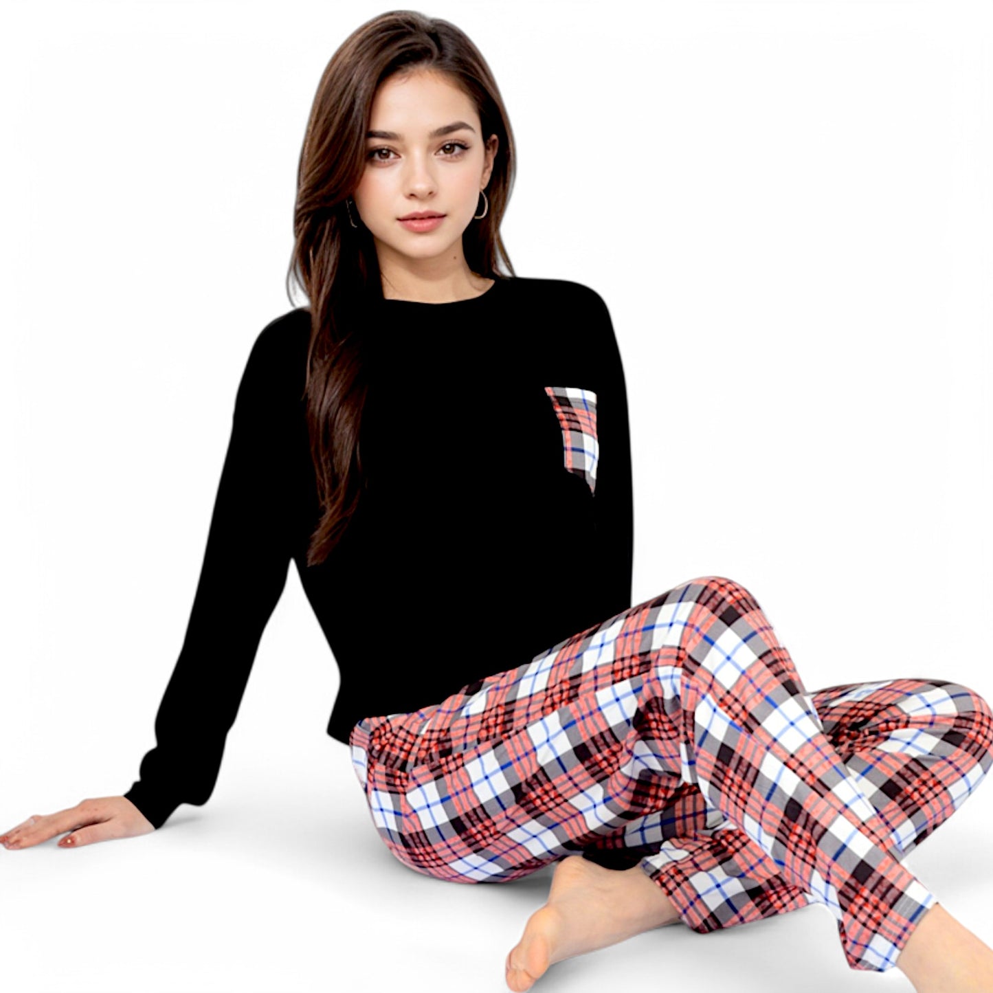 Plaid Pajama Set with Long Sleeve Pocket Top and Relaxed Fit Elastic Waist Pants- Black,Small