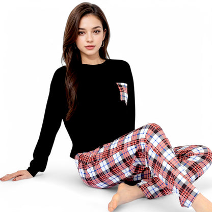 Plaid Pajama Set with Long Sleeve Pocket Top and Relaxed Fit Elastic Waist Pants- Black,Small