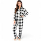 Classic Black and White Plaid Pajama Set with Button-Up Long Sleeve Top and Relaxed Fit Pants