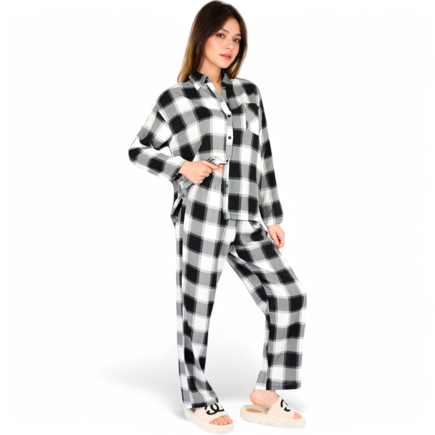 Classic Black and White Plaid Pajama Set with Button-Up Long Sleeve Top and Relaxed Fit Pants