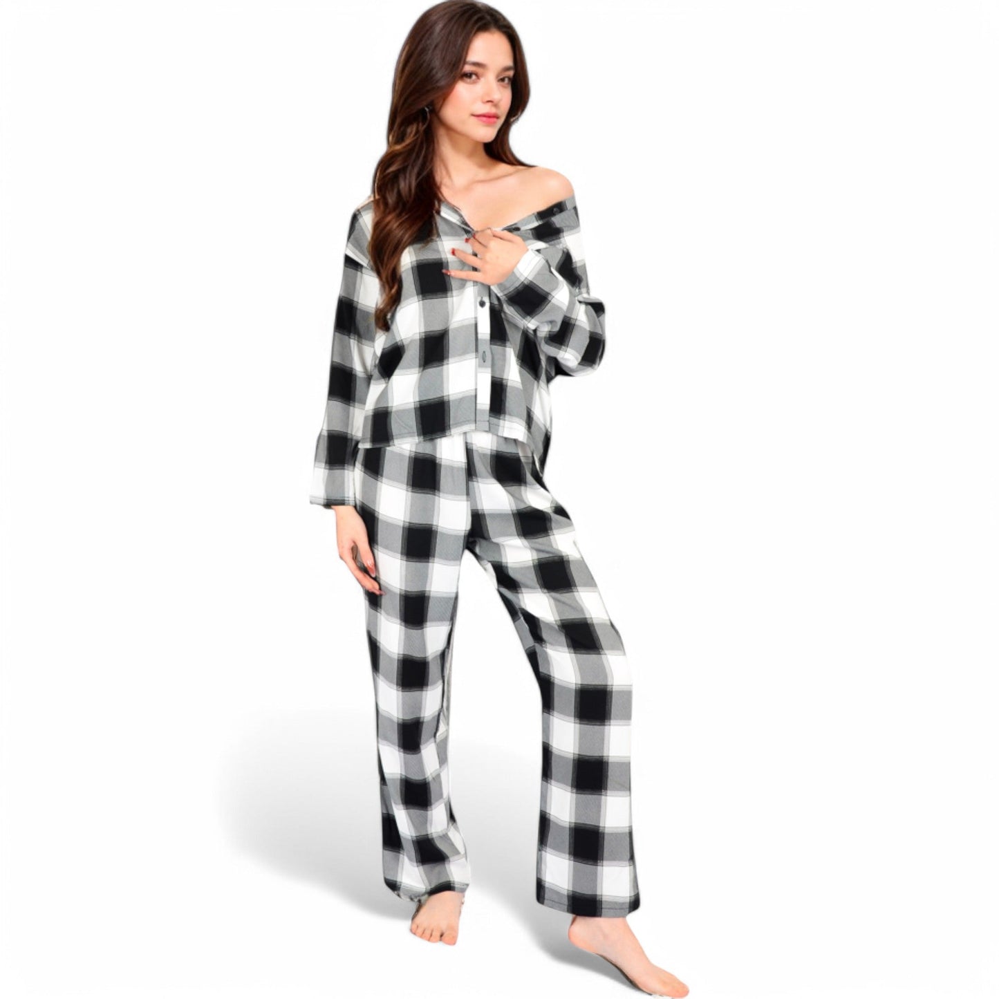 Classic Black and White Plaid Pajama Set with Button-Up Long Sleeve Top and Relaxed Fit Pants