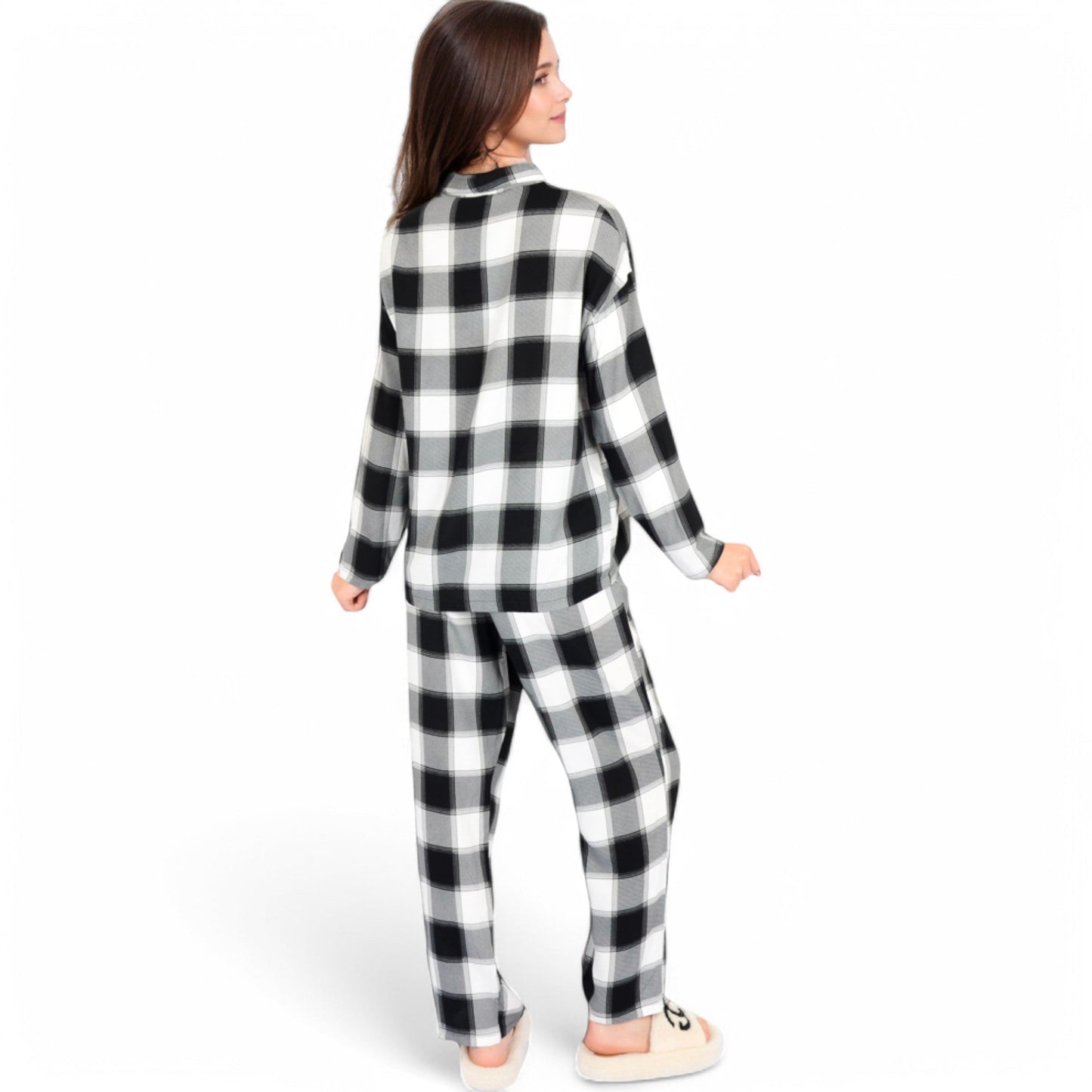 Classic Black and White Plaid Pajama Set with Button-Up Long Sleeve Top and Relaxed Fit Pants
