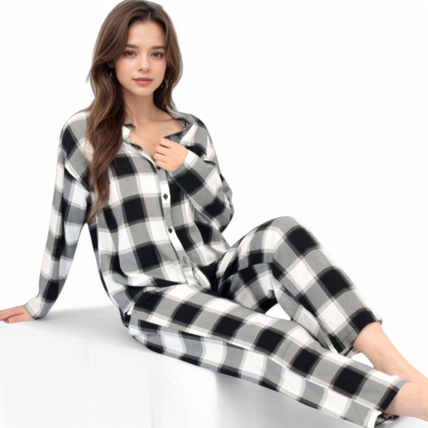 Classic Black and White Plaid Pajama Set with Button-Up Long Sleeve Top and Relaxed Fit Pants