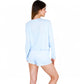 Pink Ribbed Knit Lounge Set with Button-Up Cardigan, Bralette, and High Waist Shorts- Blue,Small