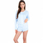 Pink Ribbed Knit Lounge Set with Button-Up Cardigan, Bralette, and High Waist Shorts- Blue,Small