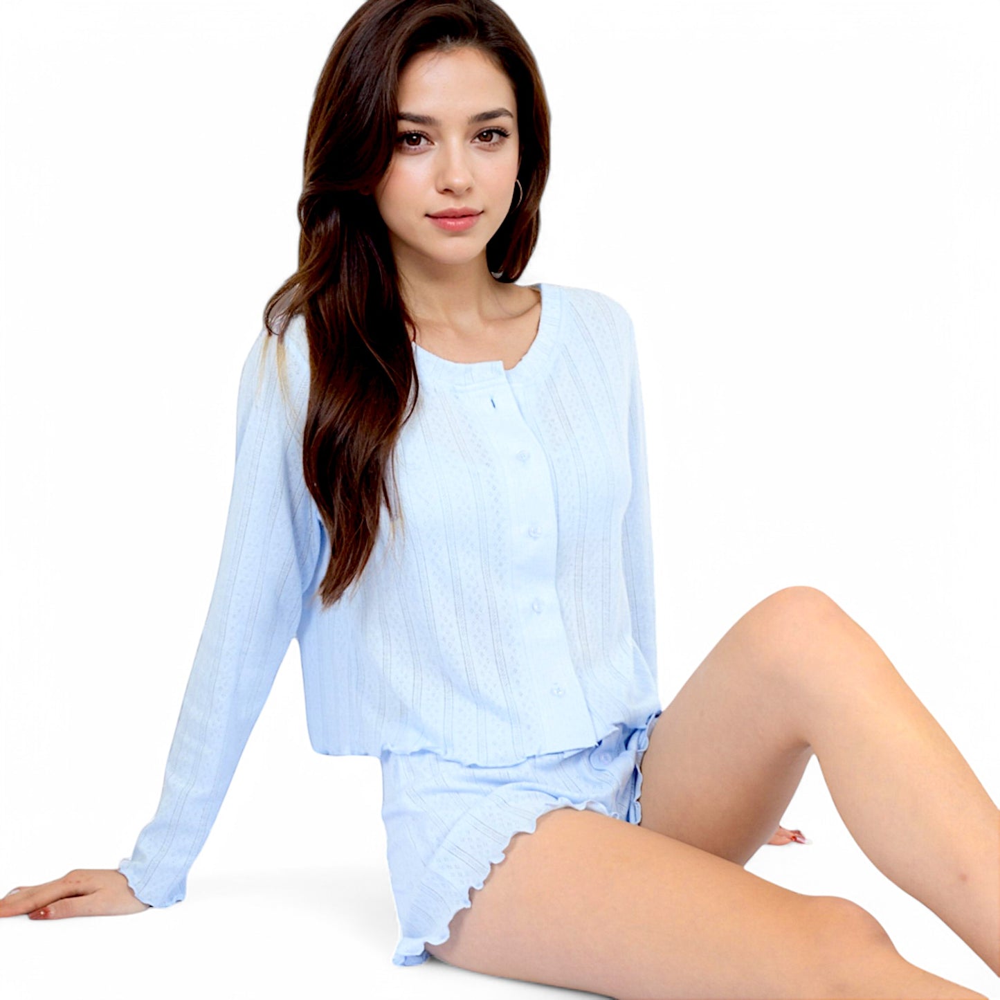 Pink Ribbed Knit Lounge Set with Button-Up Cardigan, Bralette, and High Waist Shorts- Blue,Small