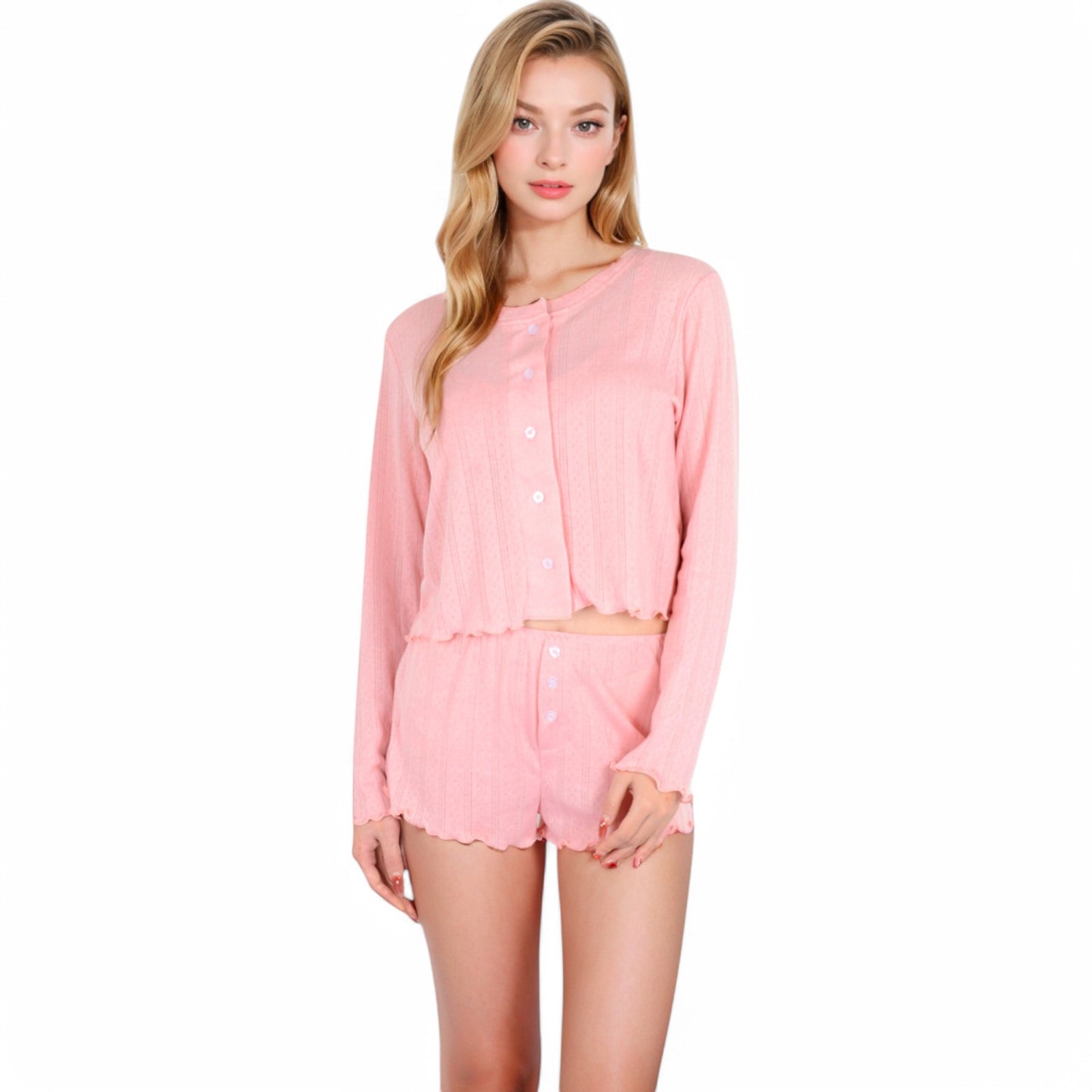 Pink Ribbed Knit Lounge Set with Button-Up Cardigan, Bralette, and High Waist Shorts- Blue,Small