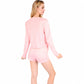 Pink Ribbed Knit Lounge Set with Button-Up Cardigan, Bralette, and High Waist Shorts- Blue,Small