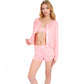 Pink Ribbed Knit Lounge Set with Button-Up Cardigan, Bralette, and High Waist Shorts- Blue,Small