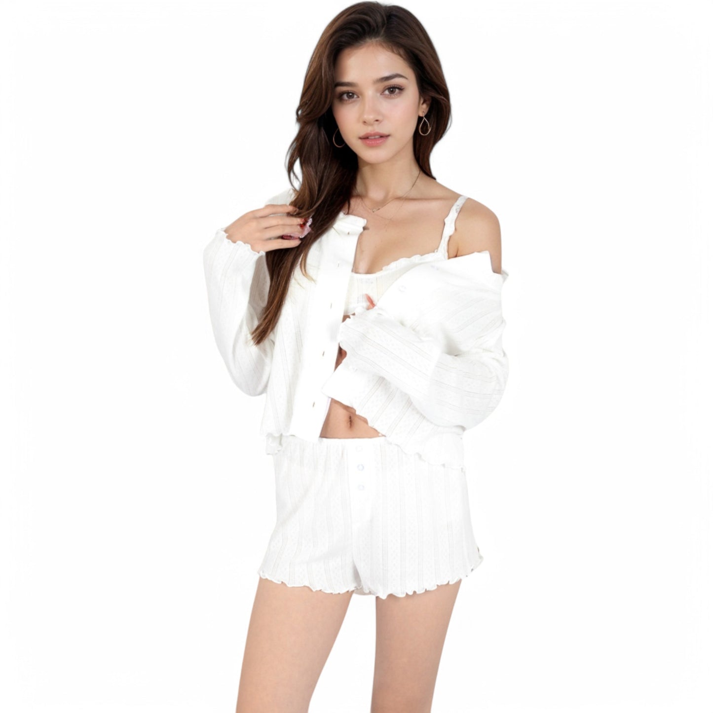 Pink Ribbed Knit Lounge Set with Button-Up Cardigan, Bralette, and High Waist Shorts- Blue,Small