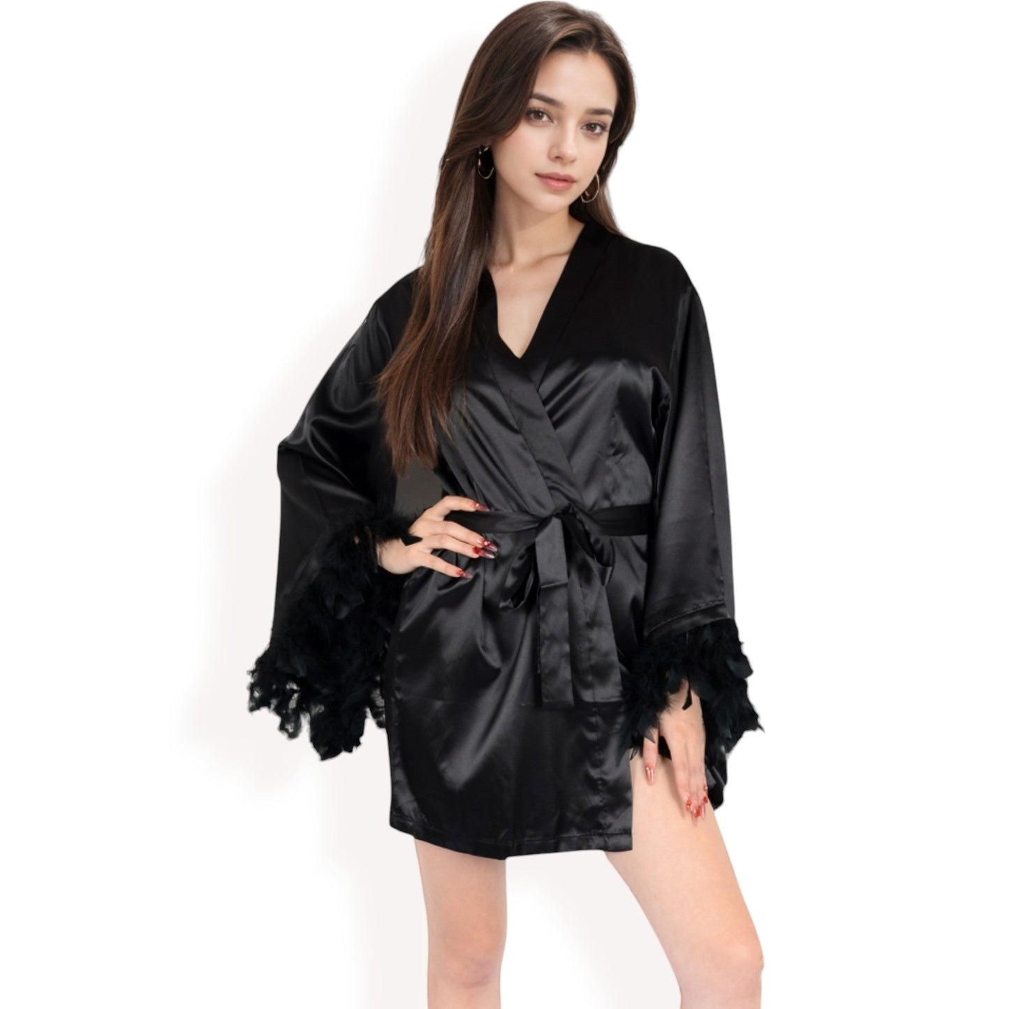 Black Feather Trim Satin Robe with Bralette and High Waist Shorts Three-Piece Lounge Set