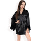 Black Feather Trim Satin Robe with Bralette and High Waist Shorts Three-Piece Lounge Set
