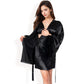 Black Feather Trim Satin Robe with Bralette and High Waist Shorts Three-Piece Lounge Set