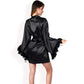 Black Feather Trim Satin Robe with Bralette and High Waist Shorts Three-Piece Lounge Set