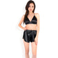Black Feather Trim Satin Robe with Bralette and High Waist Shorts Three-Piece Lounge Set
