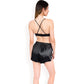 Black Feather Trim Satin Robe with Bralette and High Waist Shorts Three-Piece Lounge Set