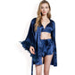 Black Feather Trim Satin Robe with Bralette and High Waist Shorts Three-Piece Lounge Set