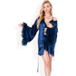 Black Feather Trim Satin Robe with Bralette and High Waist Shorts Three-Piece Lounge Set
