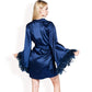 Black Feather Trim Satin Robe with Bralette and High Waist Shorts Three-Piece Lounge Set