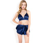 Black Feather Trim Satin Robe with Bralette and High Waist Shorts Three-Piece Lounge Set