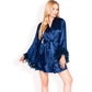 Black Feather Trim Satin Robe with Bralette and High Waist Shorts Three-Piece Lounge Set