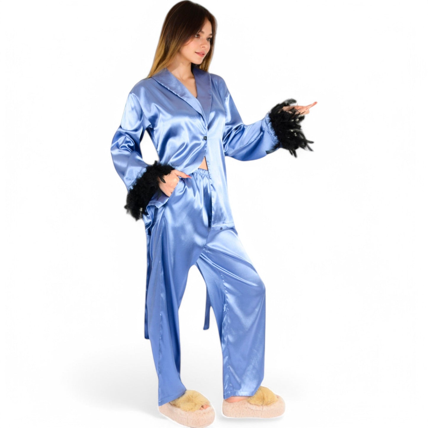 Satin Feather Trim Button-Up Lounge Set with Wide-Leg Pants