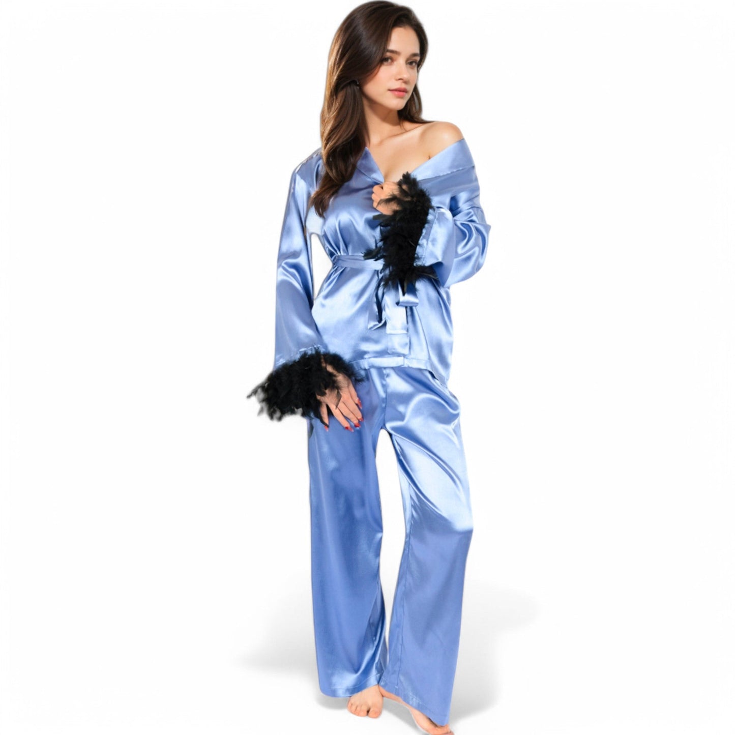Satin Feather Trim Button-Up Lounge Set with Wide-Leg Pants