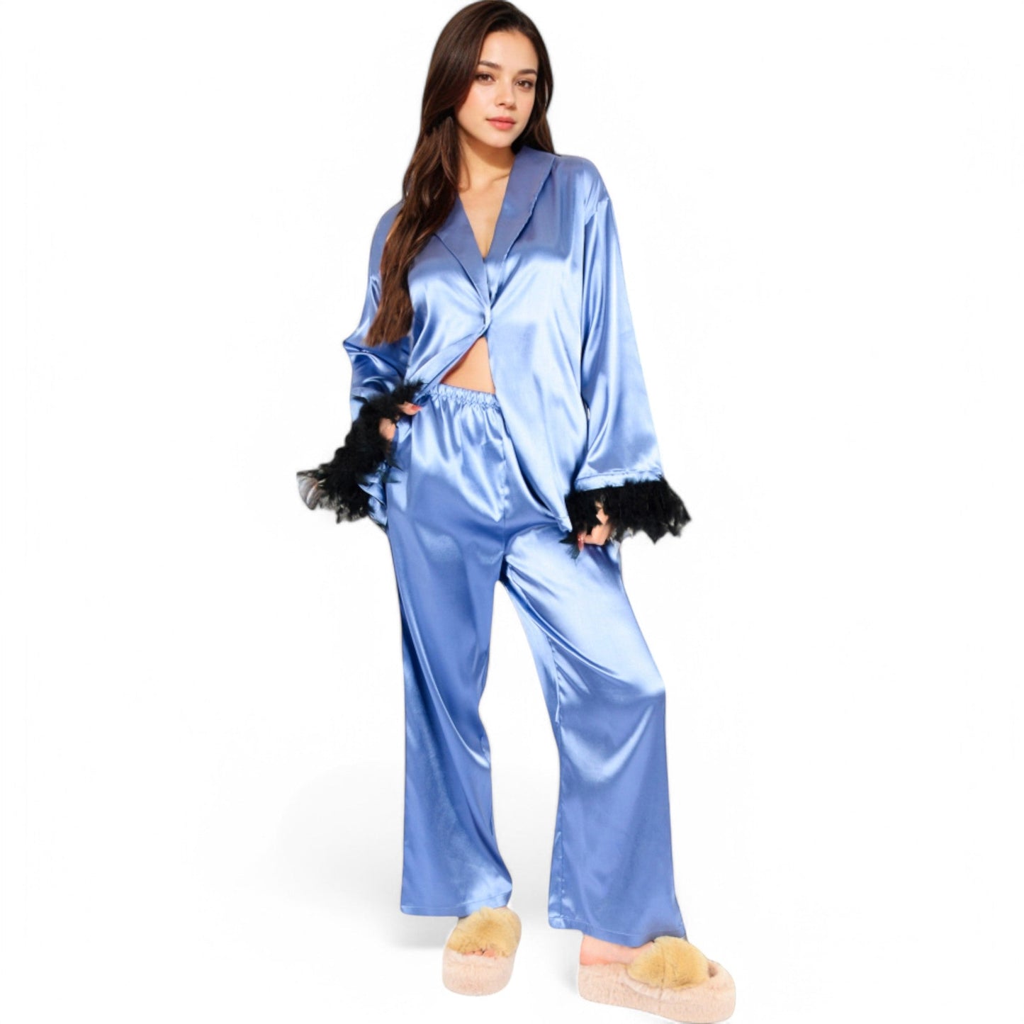 Satin Feather Trim Button-Up Lounge Set with Wide-Leg Pants
