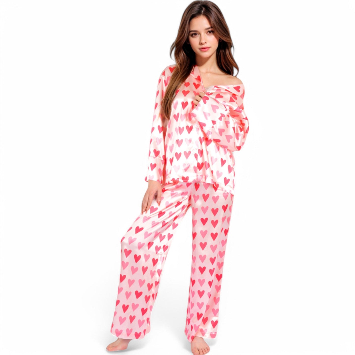 Pink Heart Print Pajama Set with Button-Up Long Sleeve Top and Relaxed Fit Pants