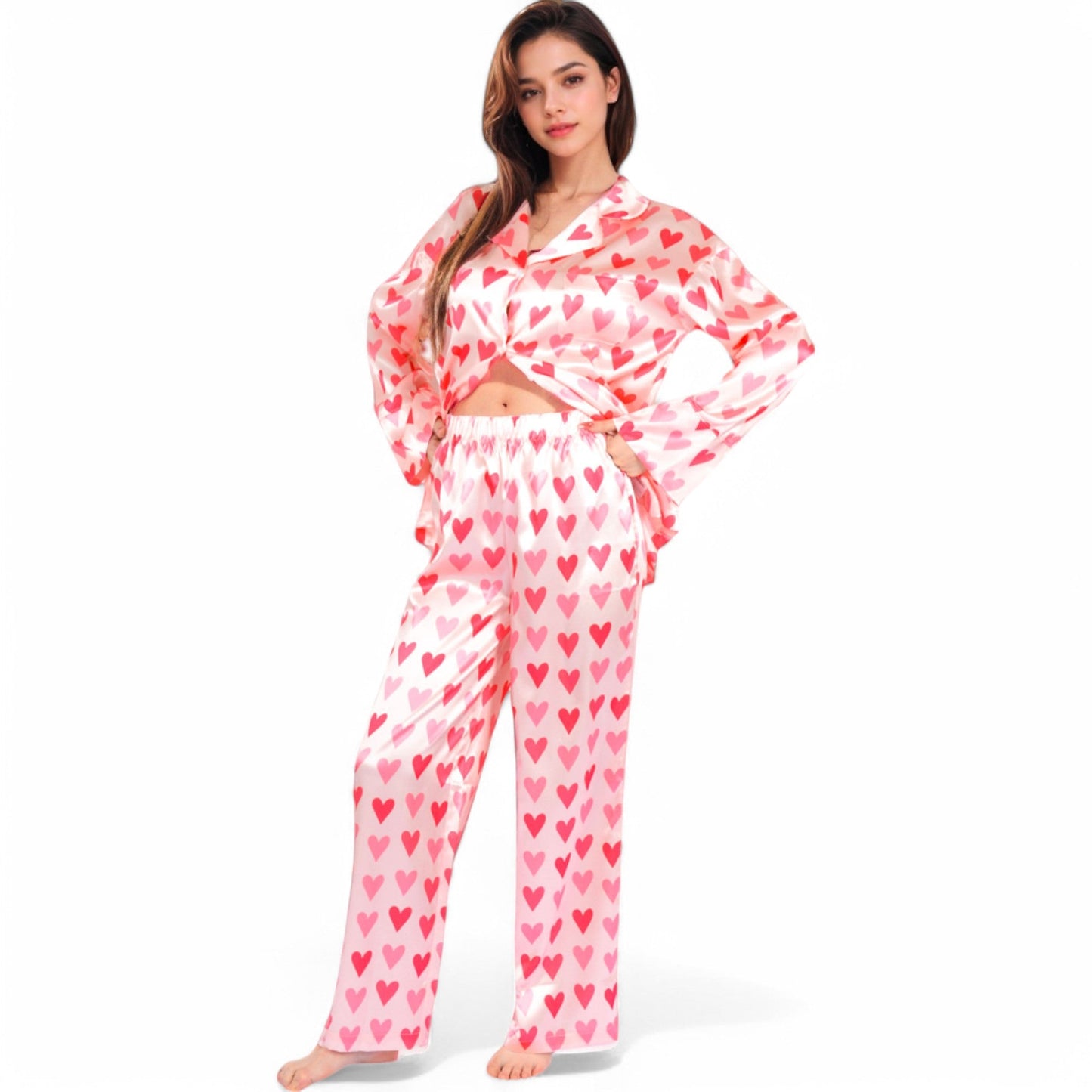 Pink Heart Print Pajama Set with Button-Up Long Sleeve Top and Relaxed Fit Pants