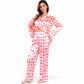 Pink Heart Print Pajama Set with Button-Up Long Sleeve Top and Relaxed Fit Pants