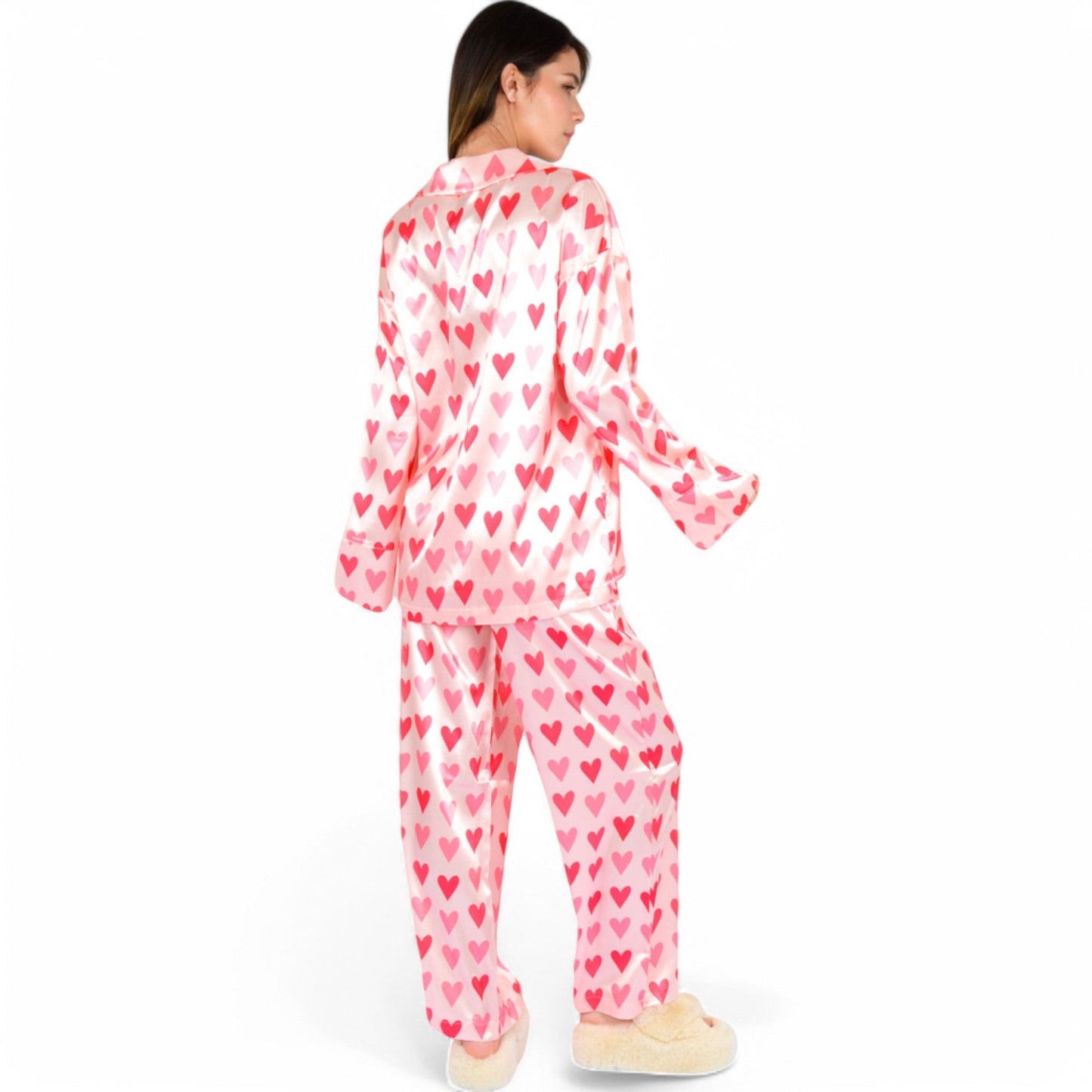 Pink Heart Print Pajama Set with Button-Up Long Sleeve Top and Relaxed Fit Pants