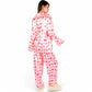 Pink Heart Print Pajama Set with Button-Up Long Sleeve Top and Relaxed Fit Pants