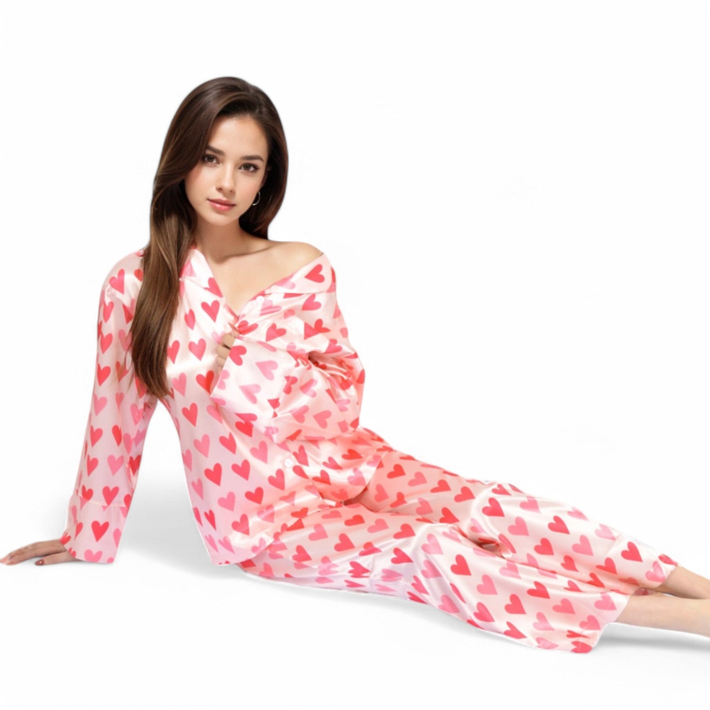 Pink Heart Print Pajama Set with Button-Up Long Sleeve Top and Relaxed Fit Pants