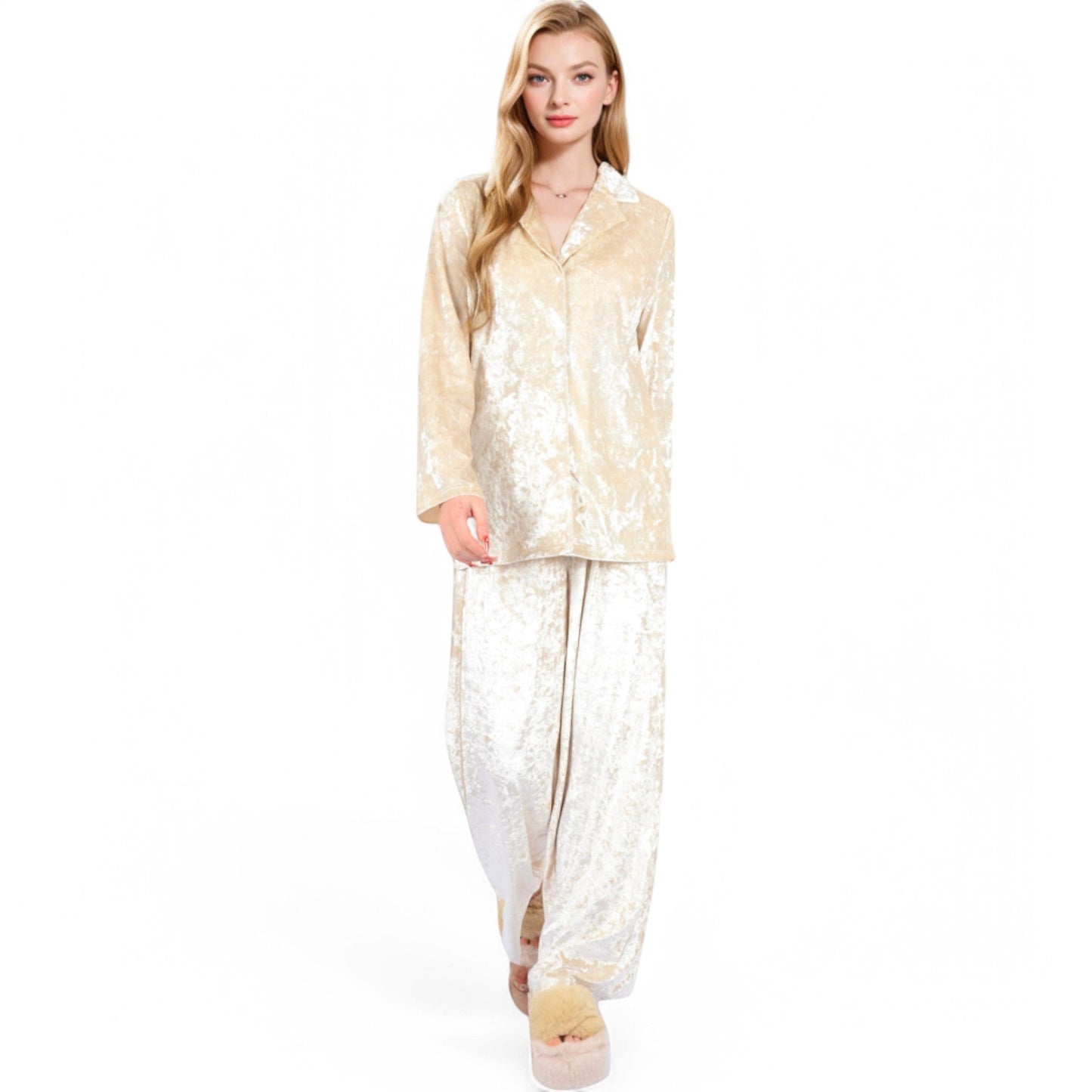Crushed Velvet Lounge Set with Button-Up Long Sleeve Top and Wide-Leg Pants