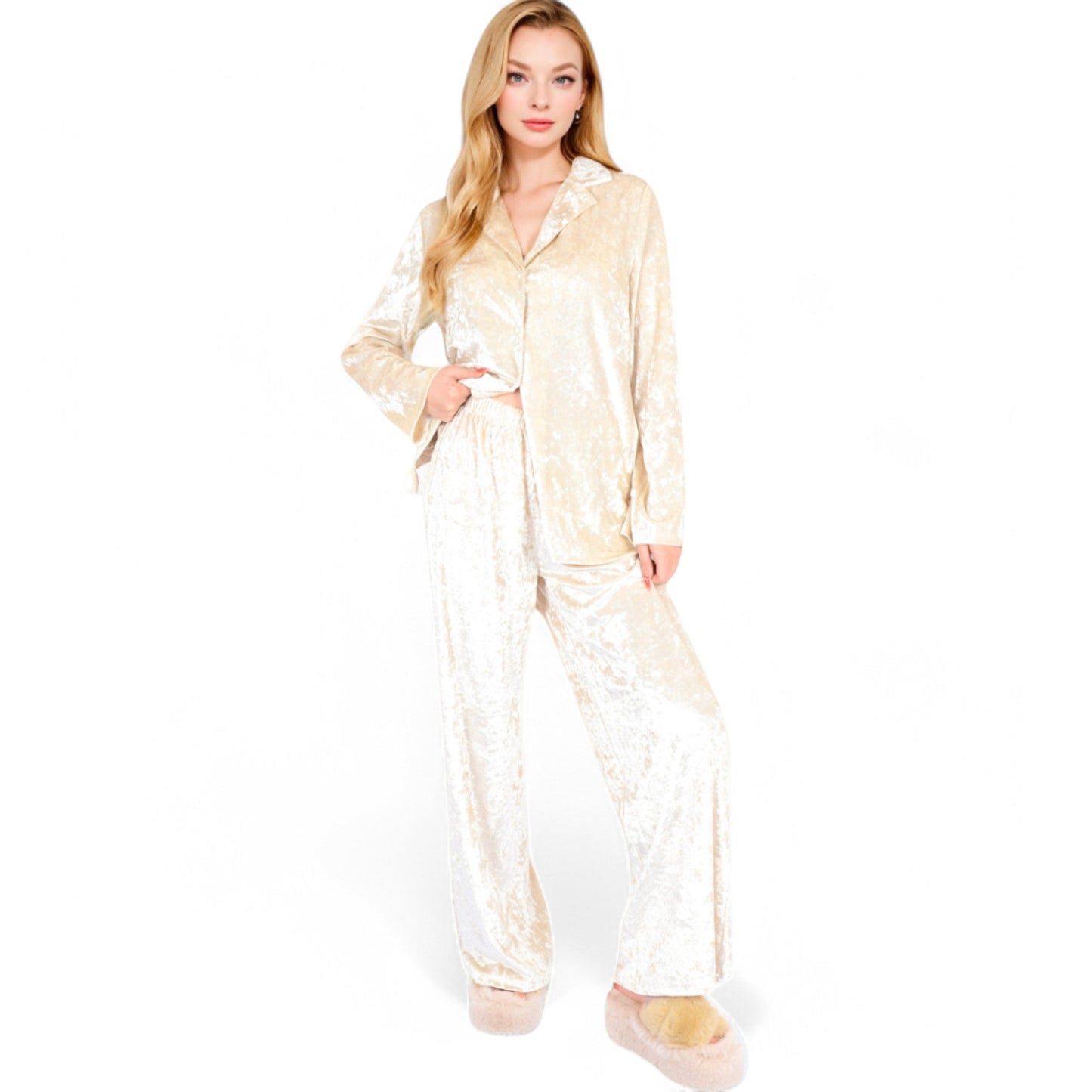 Crushed Velvet Lounge Set with Button-Up Long Sleeve Top and Wide-Leg Pants
