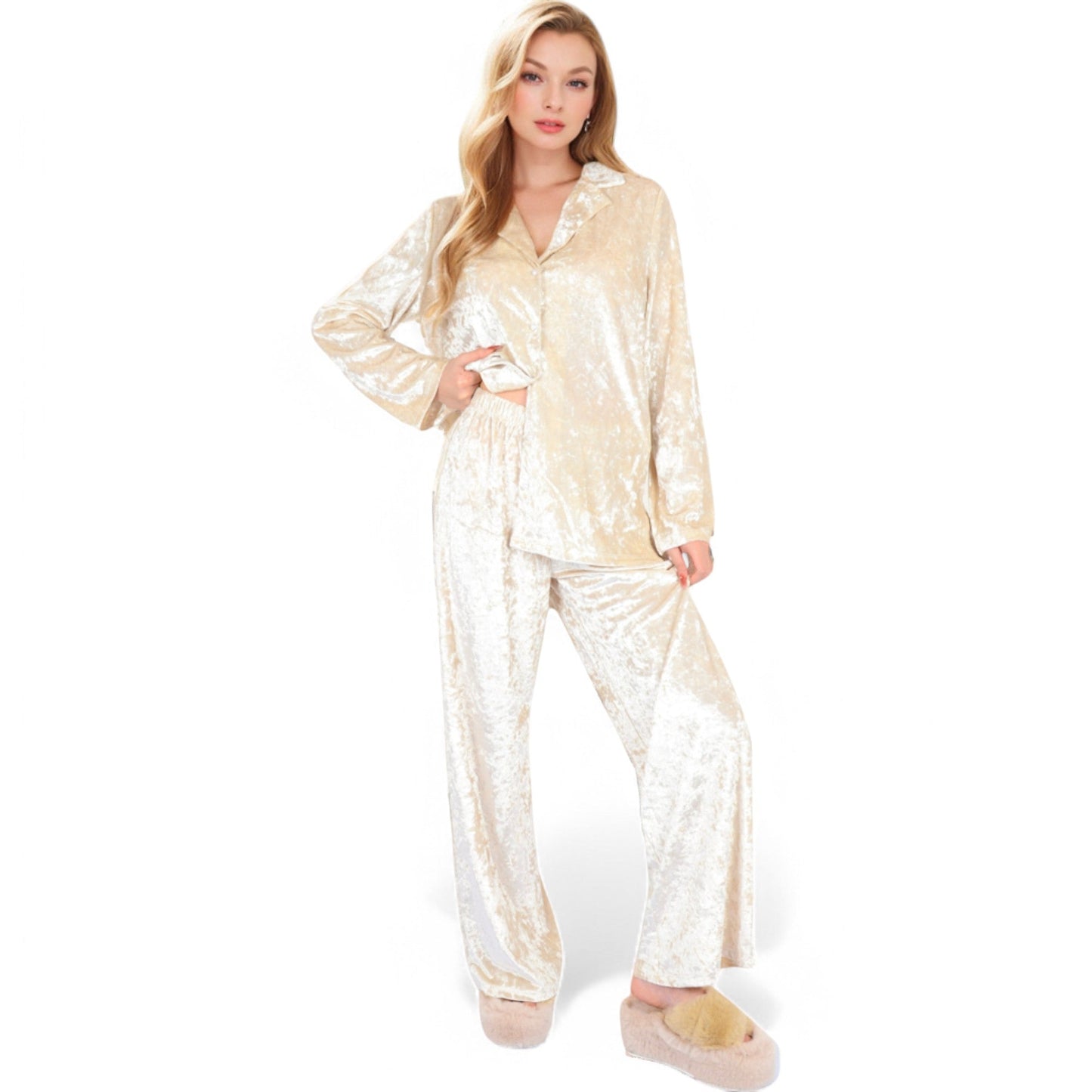 Crushed Velvet Lounge Set with Button-Up Long Sleeve Top and Wide-Leg Pants
