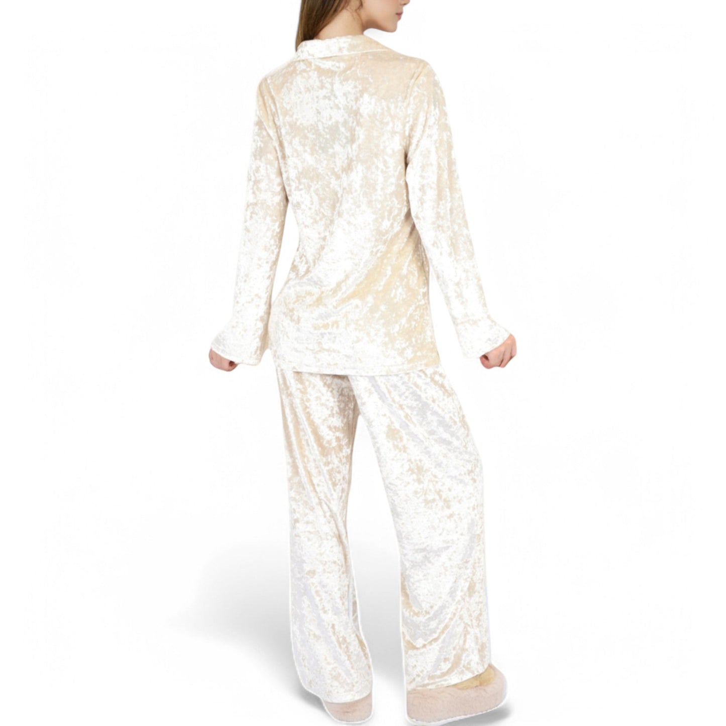 Crushed Velvet Lounge Set with Button-Up Long Sleeve Top and Wide-Leg Pants
