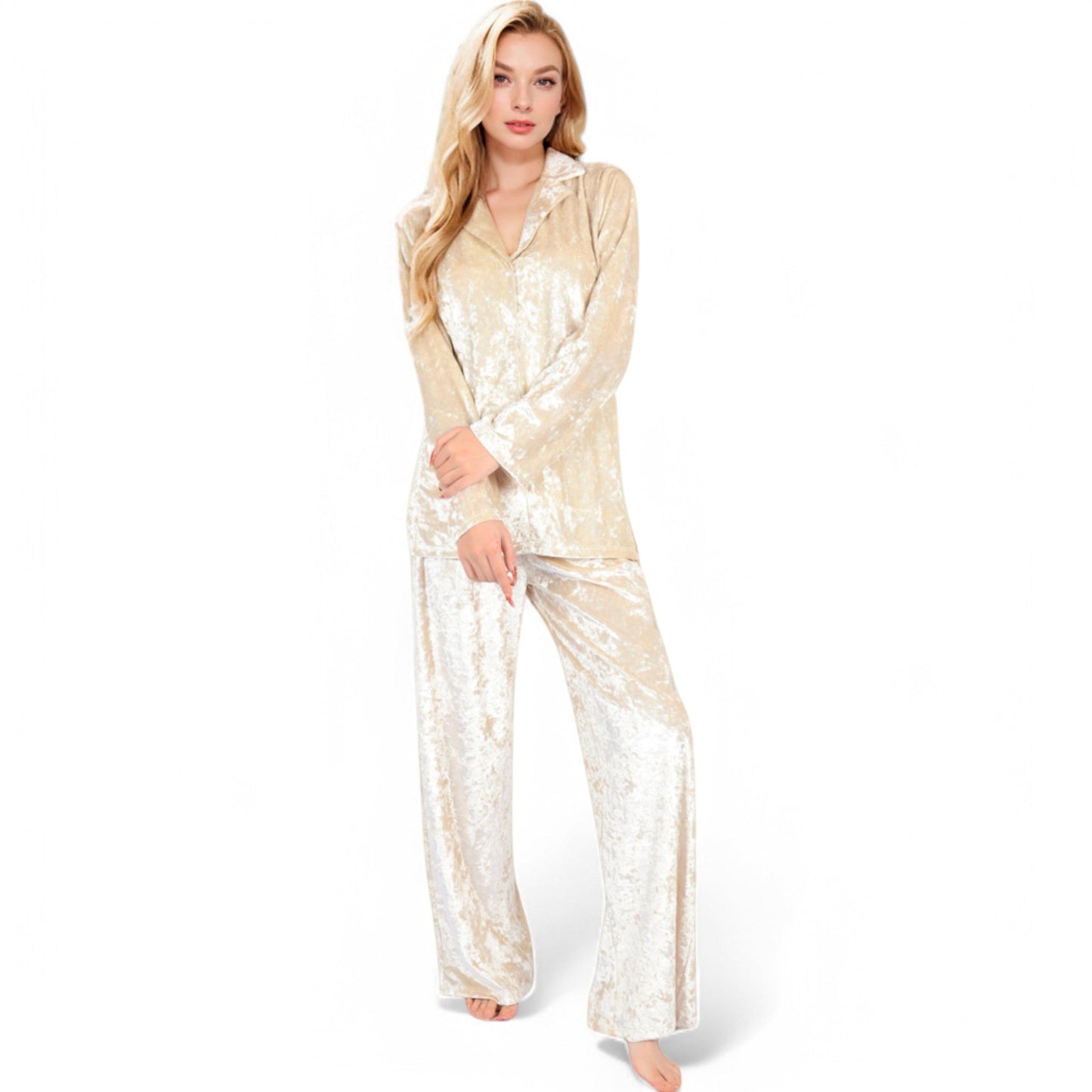 Crushed Velvet Lounge Set with Button-Up Long Sleeve Top and Wide-Leg Pants