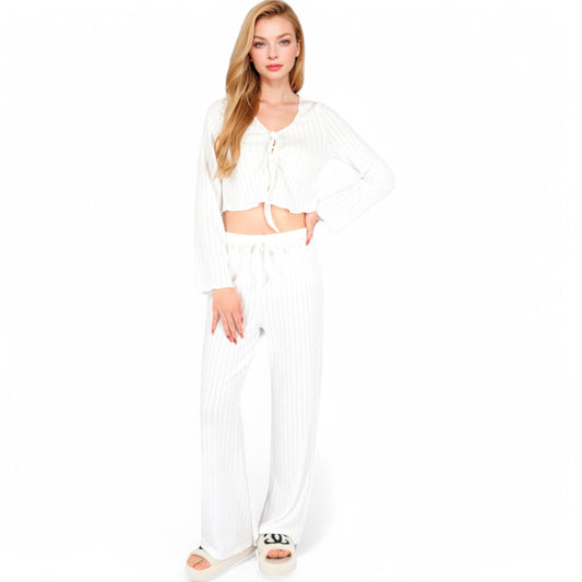 Knit Tie-Front Lounge Set with Long Sleeve Cardigan and Wide-Leg Pants