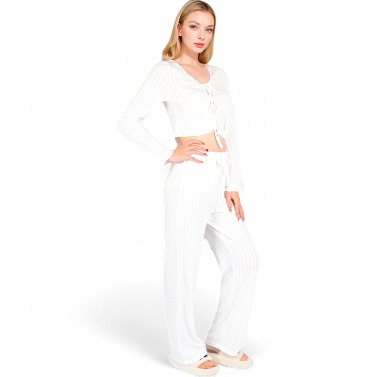 Knit Tie-Front Lounge Set with Long Sleeve Cardigan and Wide-Leg Pants