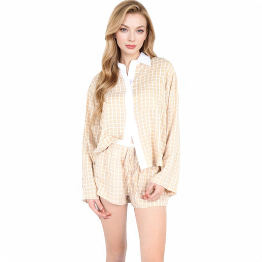 Grid Print Lounge Set with Long Sleeve Button-Up Top and Elastic Waist Shorts- Beige,Small