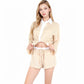 Grid Print Lounge Set with Long Sleeve Button-Up Top and Elastic Waist Shorts- Beige,Small