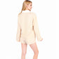 Grid Print Lounge Set with Long Sleeve Button-Up Top and Elastic Waist Shorts- Beige,Small