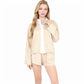 Grid Print Lounge Set with Long Sleeve Button-Up Top and Elastic Waist Shorts- Beige,Small