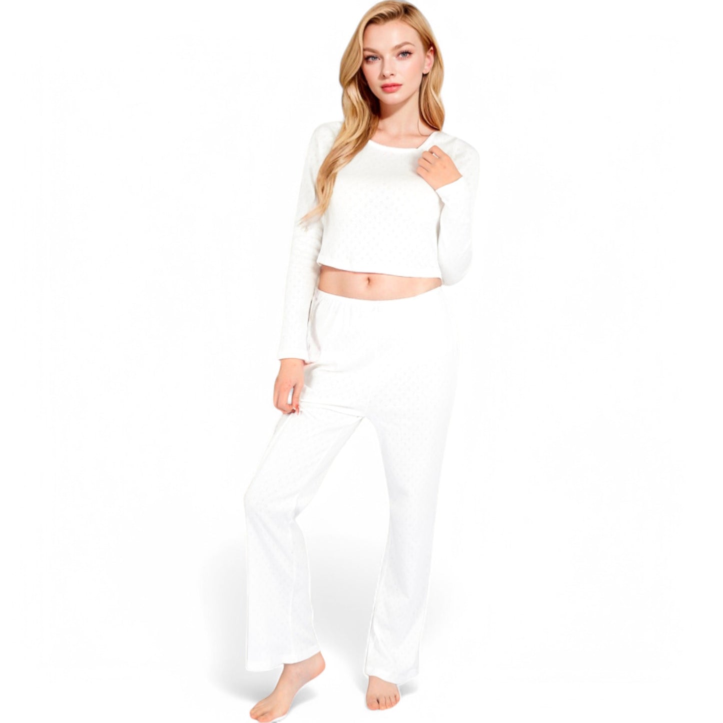 Long Sleeve Diamond Print Lounge Set with Elastic Waist Pants- White,Small