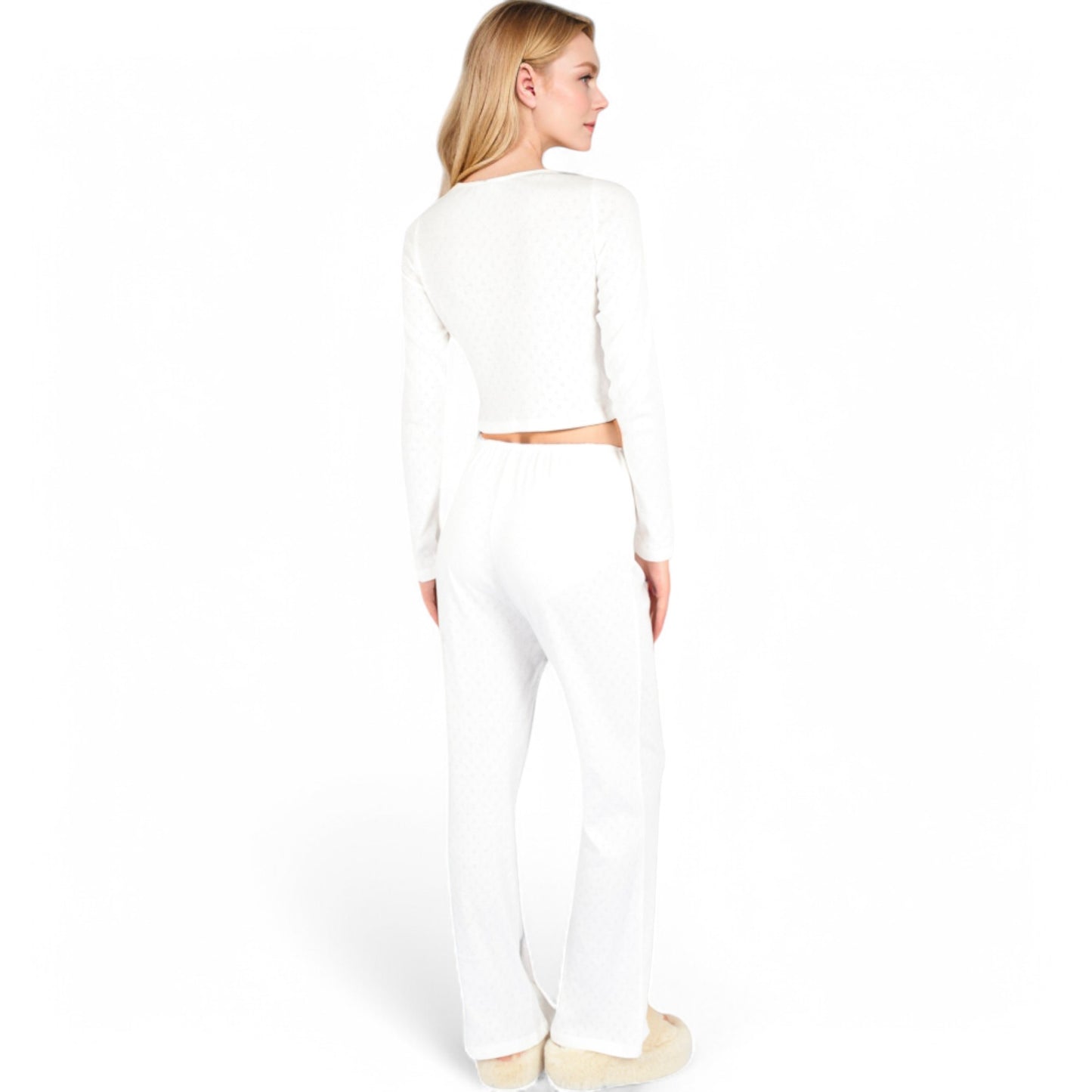 Long Sleeve Diamond Print Lounge Set with Elastic Waist Pants- White,Small