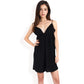Spaghetti Strap V-Neck Slip Dress with Empire Waist and Flowy Design- Black,Small