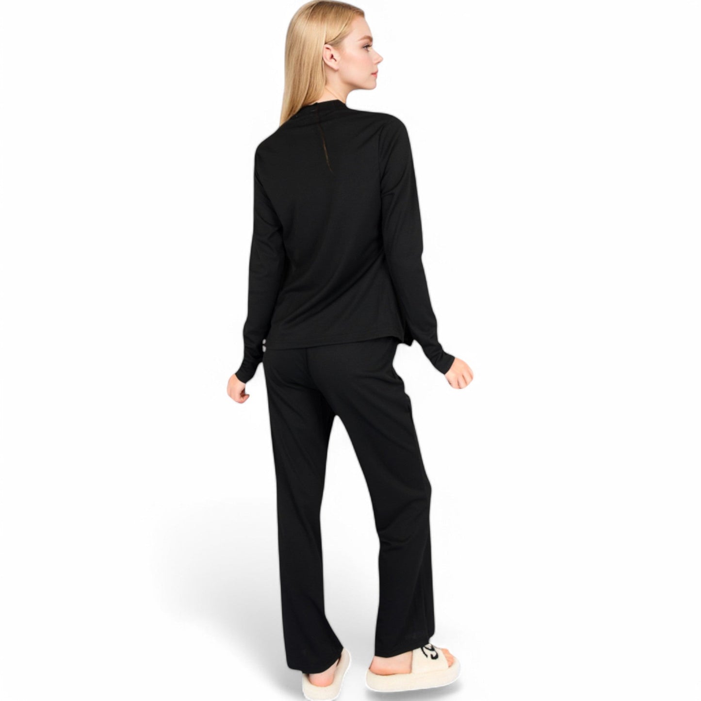 Ribbed Knit Lounge Set with Open Front Cardigan, Bralette, and Wide-Leg Pants